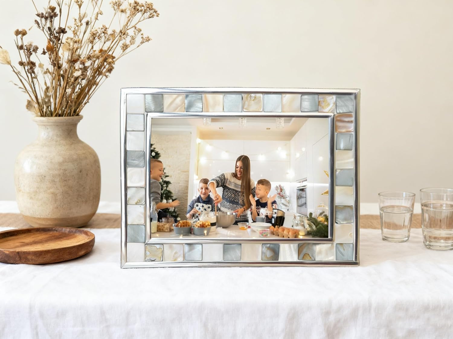 Silver Plate Grey Picture Frame 6X8 Mother of Pearl Wall Frame 6By8 Wedding Photo Frame Mosaic Glass Tabletop Picture Frame (Grey+ White)
