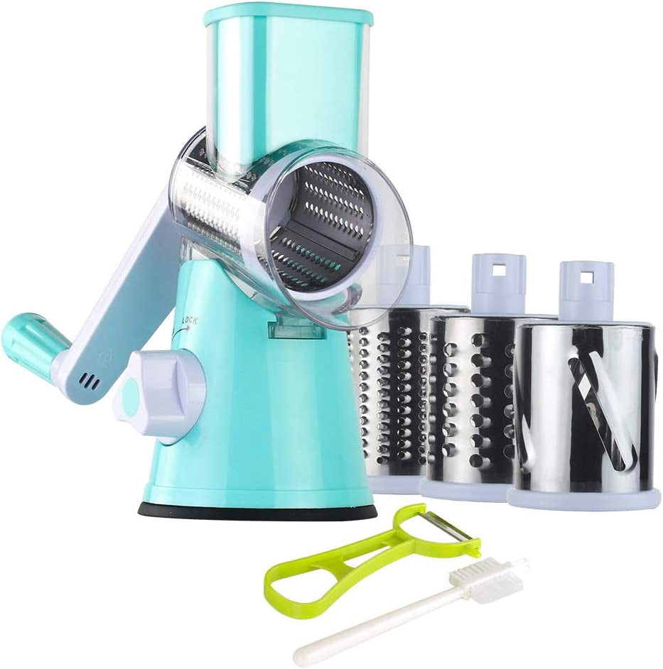 Rotary Cheese Grater Shredder, Speed Kitchen Manual round Mandolin Slicer Grinder for Potato Hash Brown, Vegetable, Walnut, Nut, Carrot Garlic, Chocolate, Radish with 3 Drum Blades, Blue