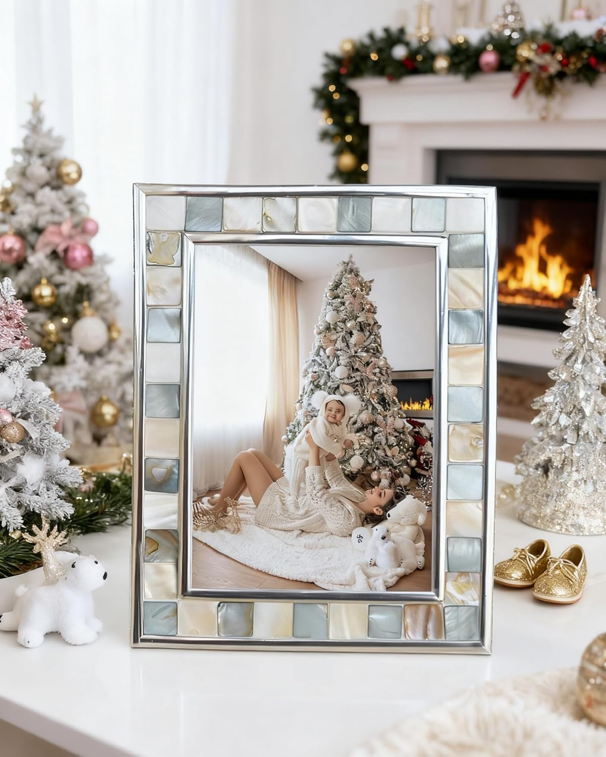 Silver Plate Grey Picture Frame 6X8 Mother of Pearl Wall Frame 6By8 Wedding Photo Frame Mosaic Glass Tabletop Picture Frame (Grey+ White)