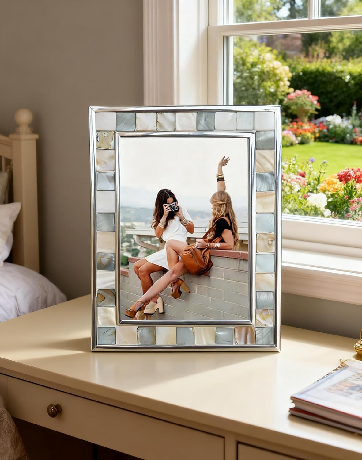 Silver Plate Grey Picture Frame 6X8 Mother of Pearl Wall Frame 6By8 Wedding Photo Frame Mosaic Glass Tabletop Picture Frame (Grey+ White)