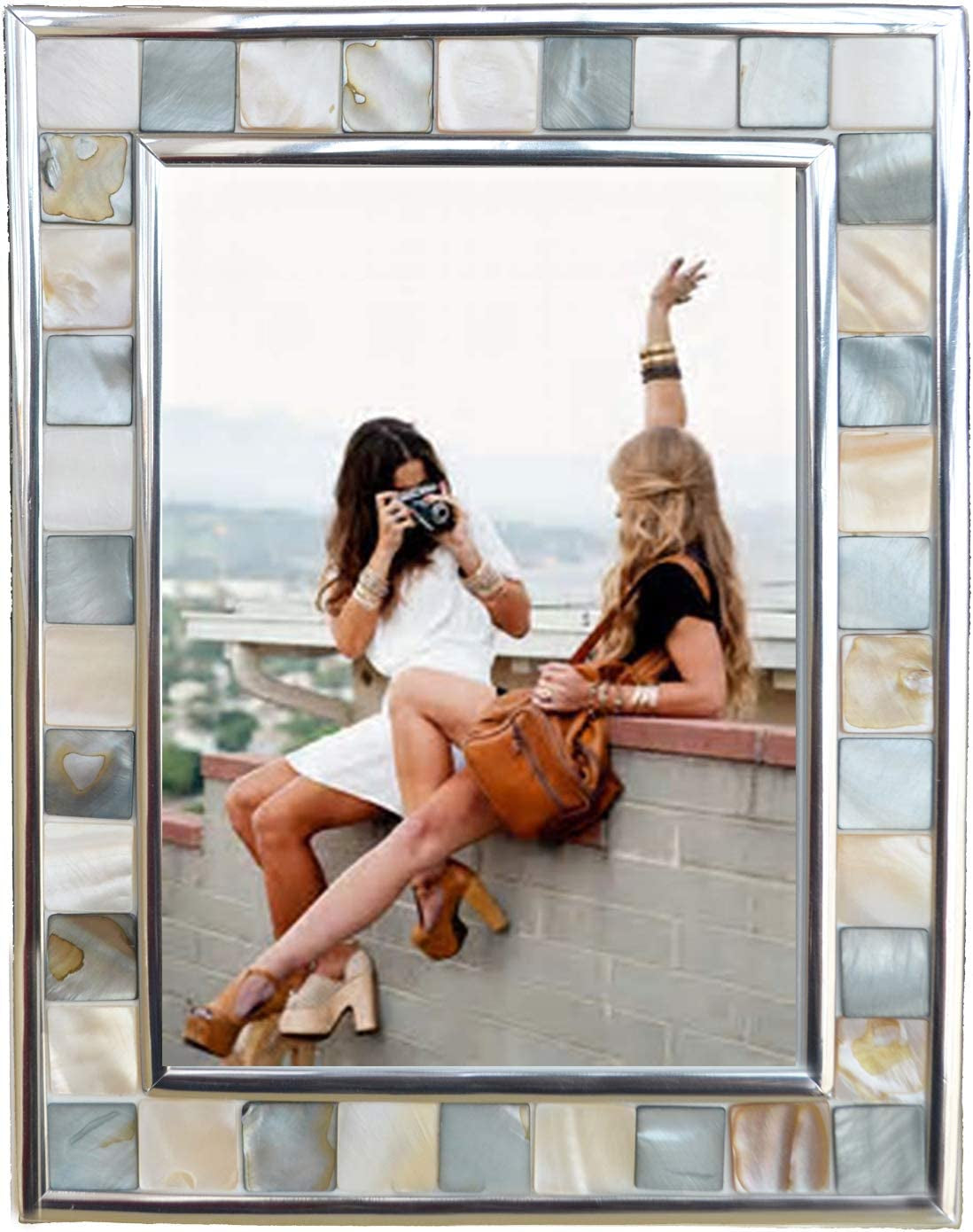 Silver Plate Grey Picture Frame 6X8 Mother of Pearl Wall Frame 6By8 Wedding Photo Frame Mosaic Glass Tabletop Picture Frame (Grey+ White)