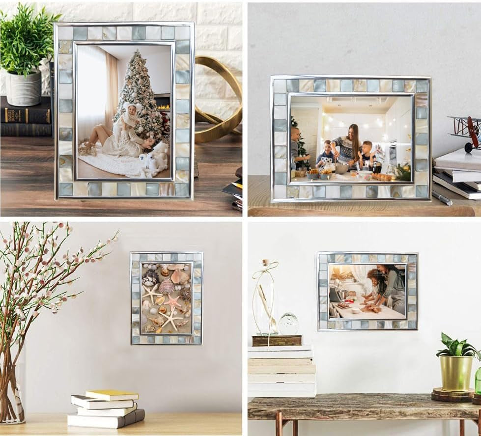 Silver Plate Grey Picture Frame 6X8 Mother of Pearl Wall Frame 6By8 Wedding Photo Frame Mosaic Glass Tabletop Picture Frame (Grey+ White)