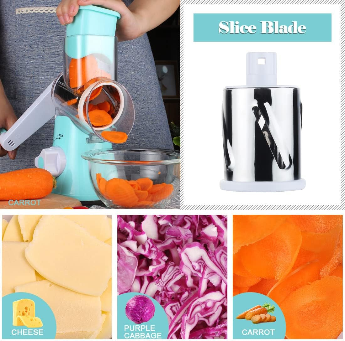 Rotary Cheese Grater Shredder, Speed Kitchen Manual round Mandolin Slicer Grinder for Potato Hash Brown, Vegetable, Walnut, Nut, Carrot Garlic, Chocolate, Radish with 3 Drum Blades, Blue